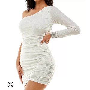 White Gold Sparkle One Shoulder Bridal Shower Short Rhinestone Holiday Dress